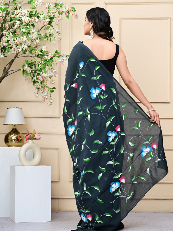 Premium Mulmul Cotton Black Brush Print Saree