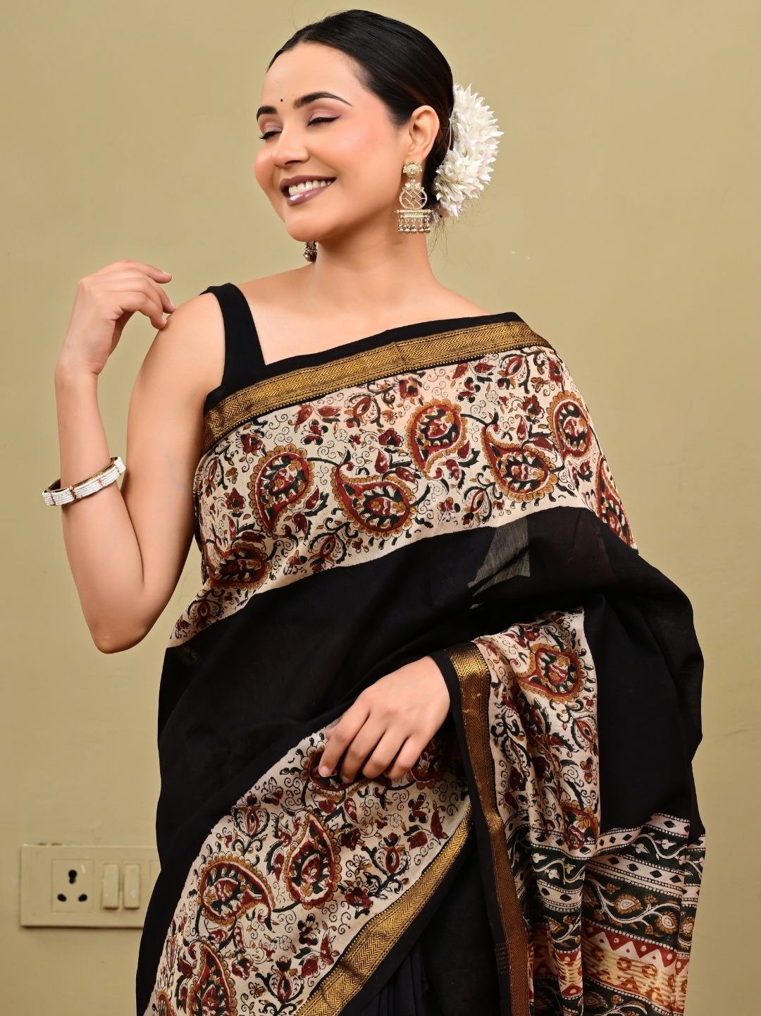 Traditional Bagru HandBlock With Black Putai Pure Kota Doriya Saree
