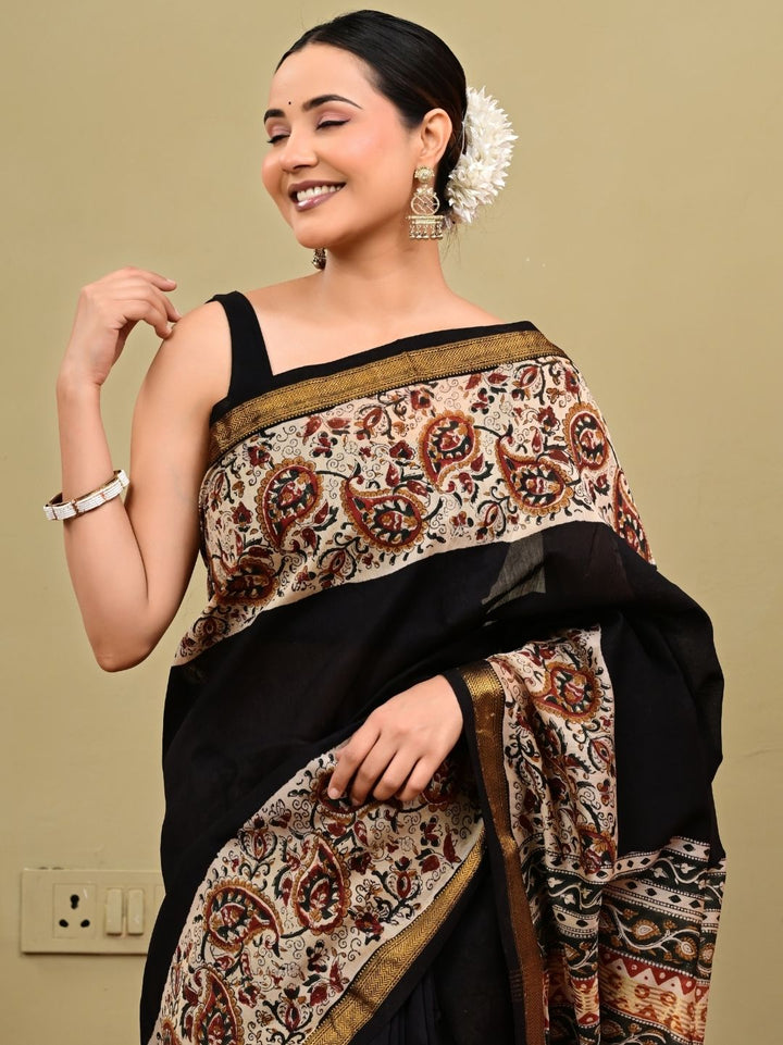 Traditional Bagru HandBlock With Black Putai Pure Kota Doriya Saree