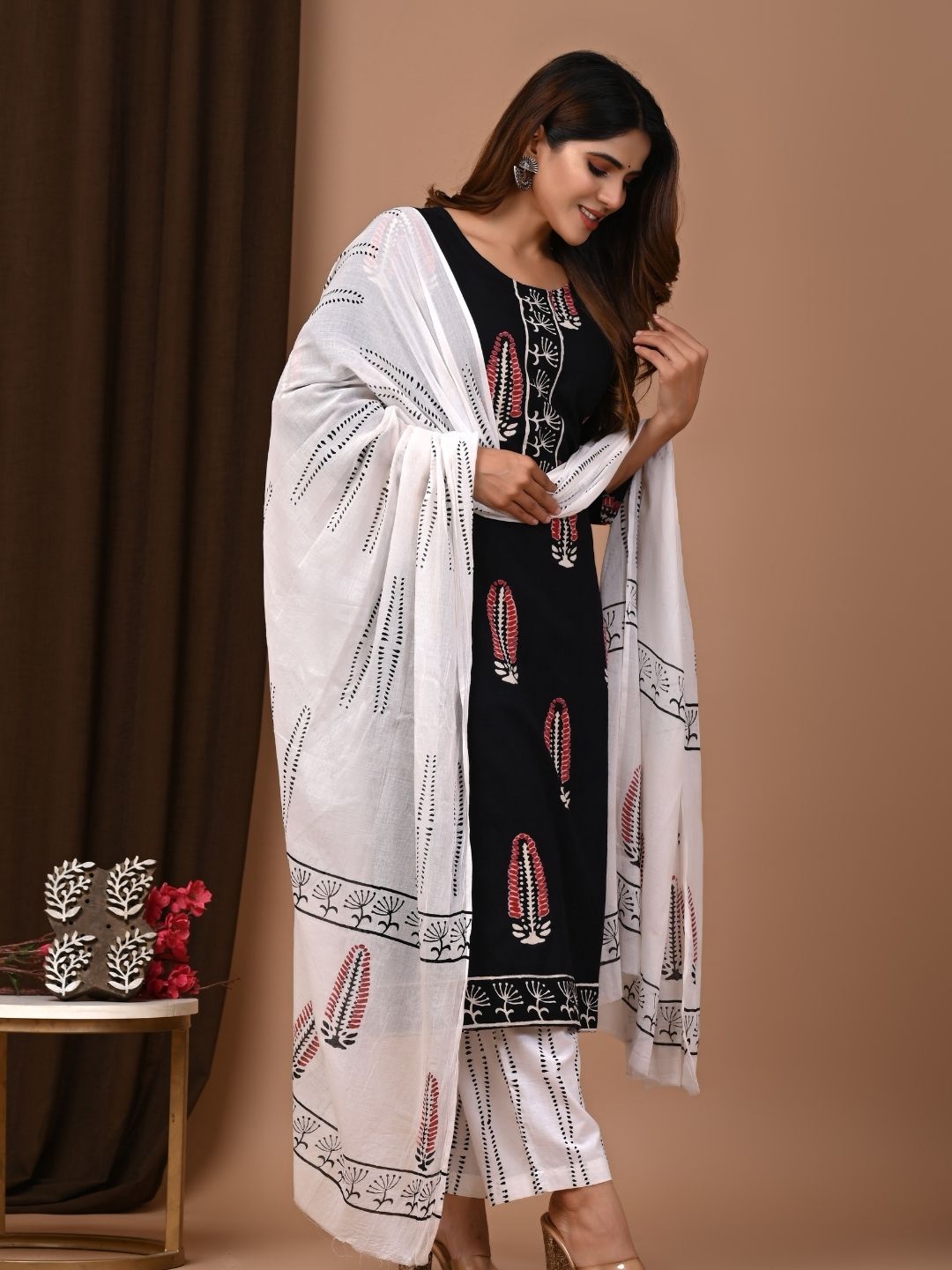 Black & White Handblock Printed Cotton Suit Set