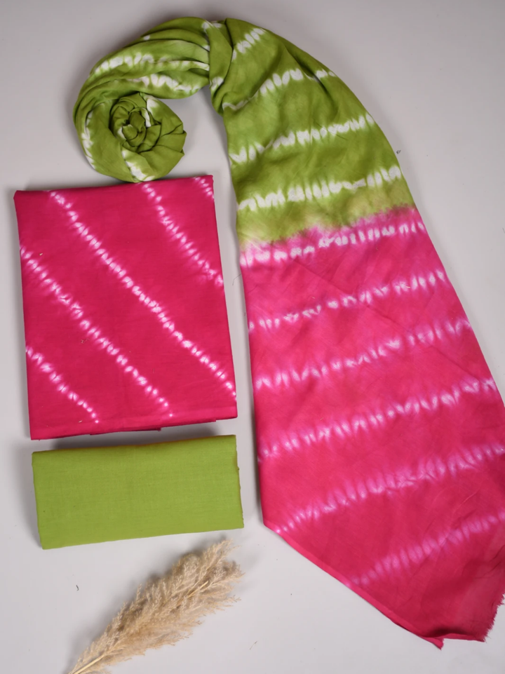 Pink & Parrot Green Shibori Pattern Cotton Suit with Mulmul Dupatta