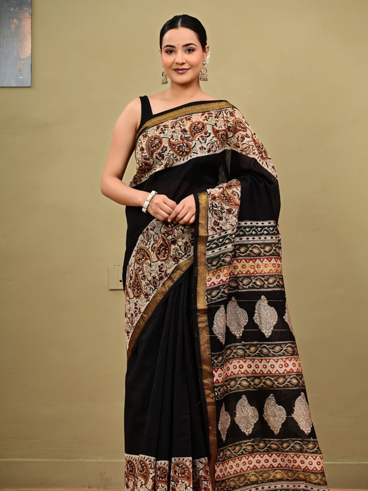 Traditional Bagru HandBlock With Black Putai Pure Kota Doriya Saree