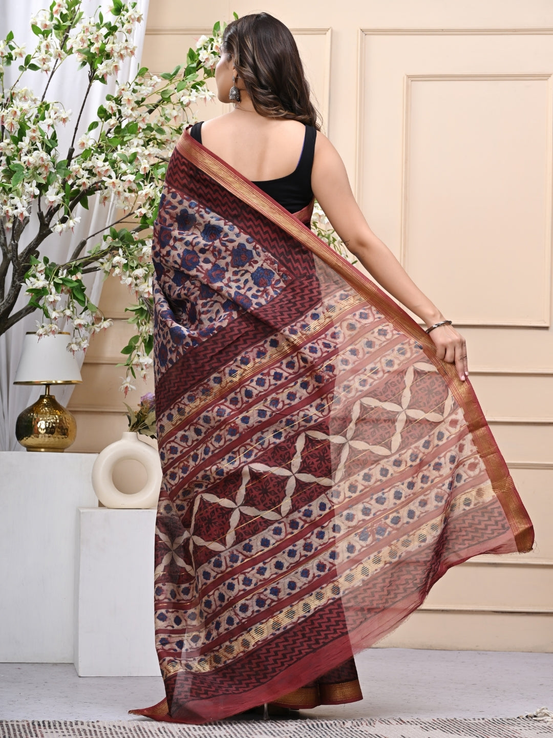 Artisanal Vanaspati Ajrakh Maheshwari Handblock Saree with Blouse