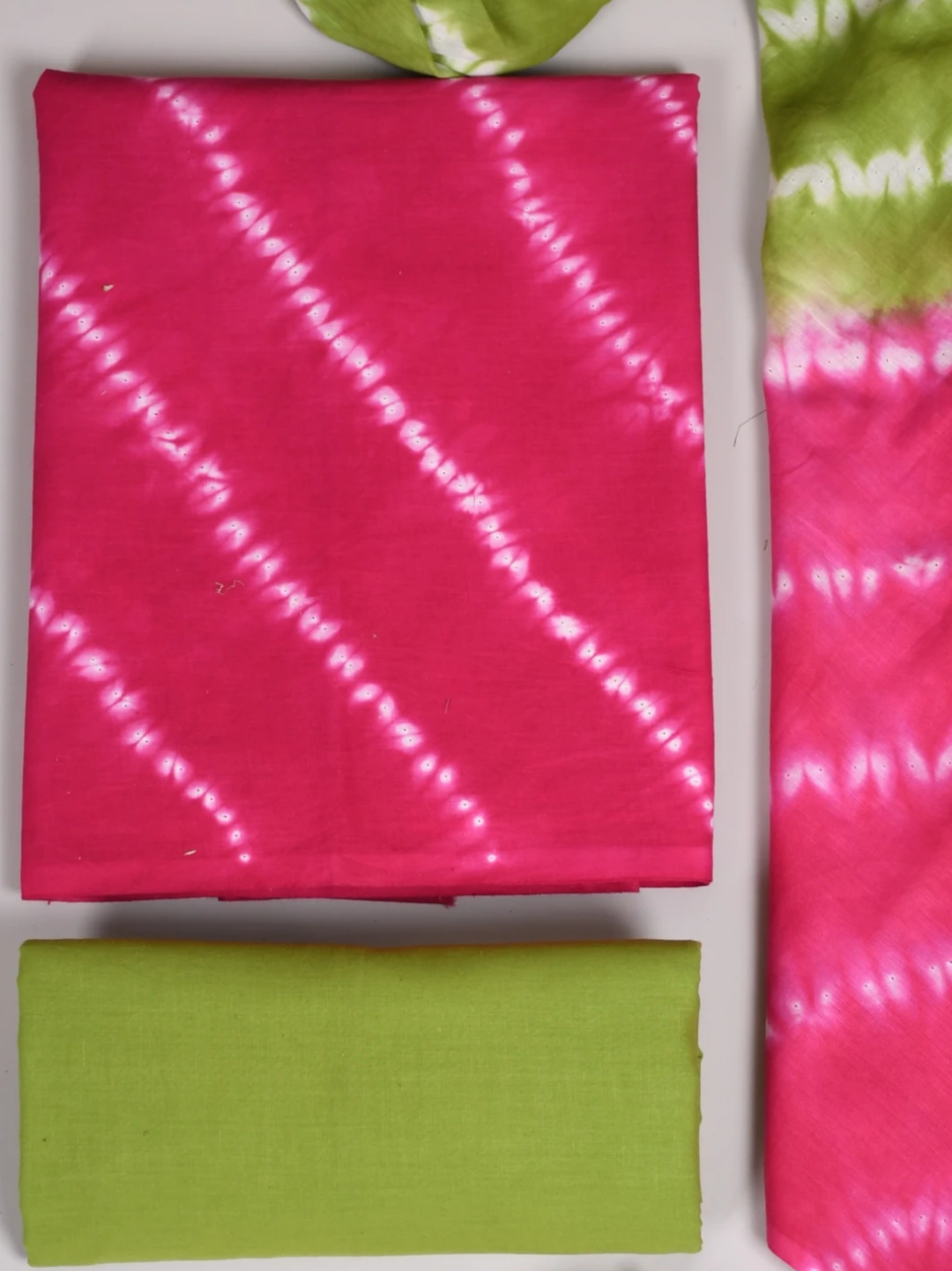 Pink & Parrot Green Shibori Pattern Cotton Suit with Mulmul Dupatta