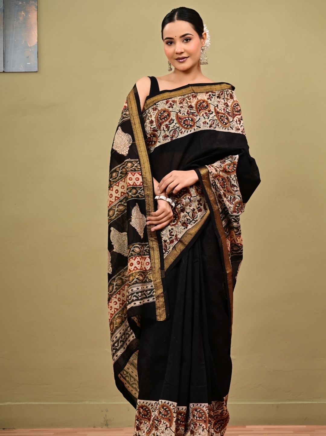 Traditional Bagru HandBlock With Black Putai Pure Kota Doriya Saree