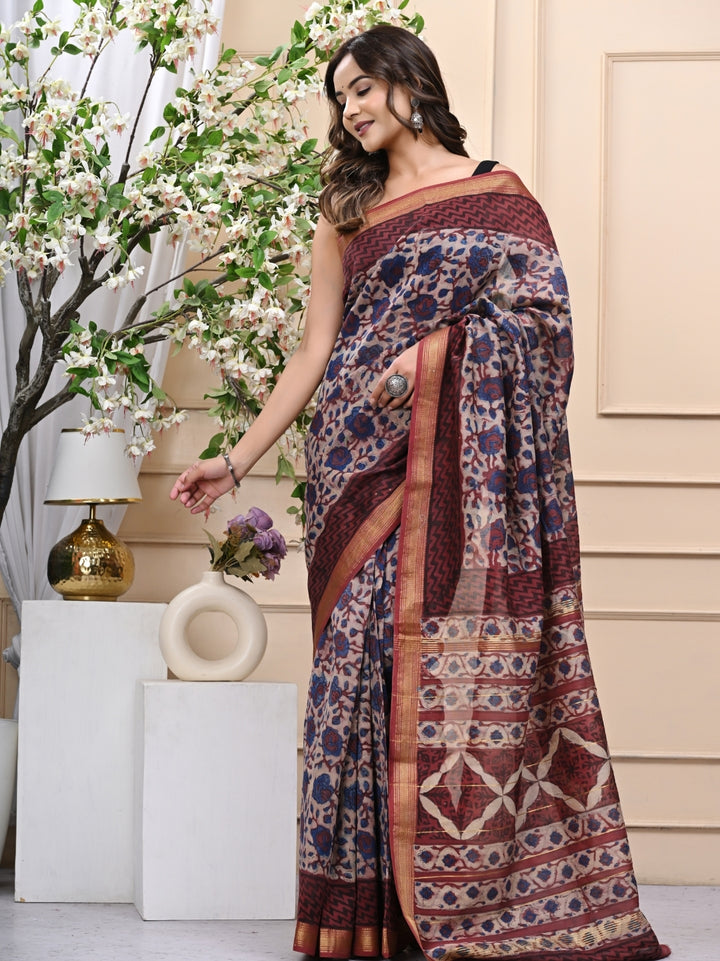 Artisanal Vanaspati Ajrakh Maheshwari Handblock Saree with Blouse
