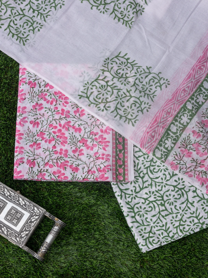 Pink Hand Block Printed Cotton Suit with Soft Mulmul Cotton Dupatta