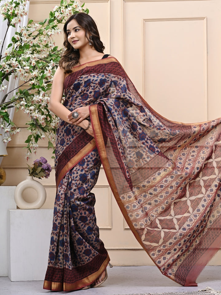 Artisanal Vanaspati Ajrakh Maheshwari Handblock Saree with Blouse