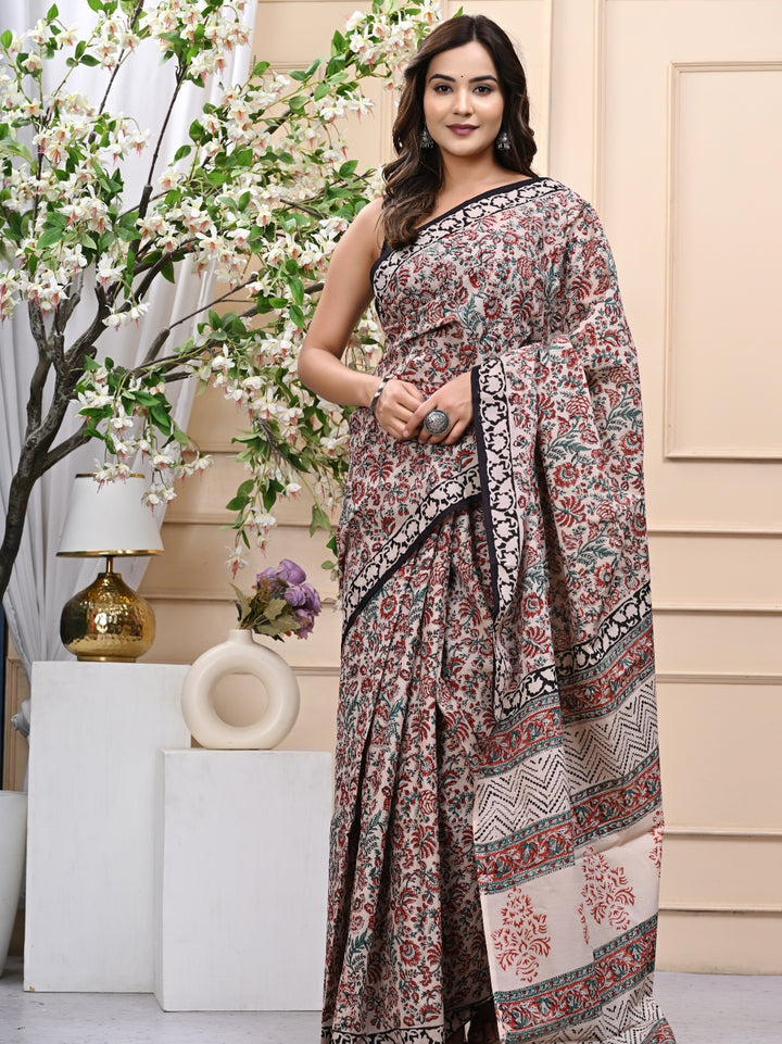 Bagru Kalamkari Handblock Printed Mulmul Cotton Saree