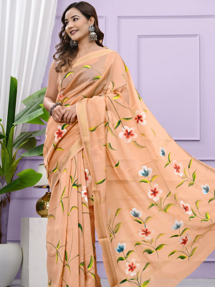 Premium Brush Painted Maheshwari Silk Saree