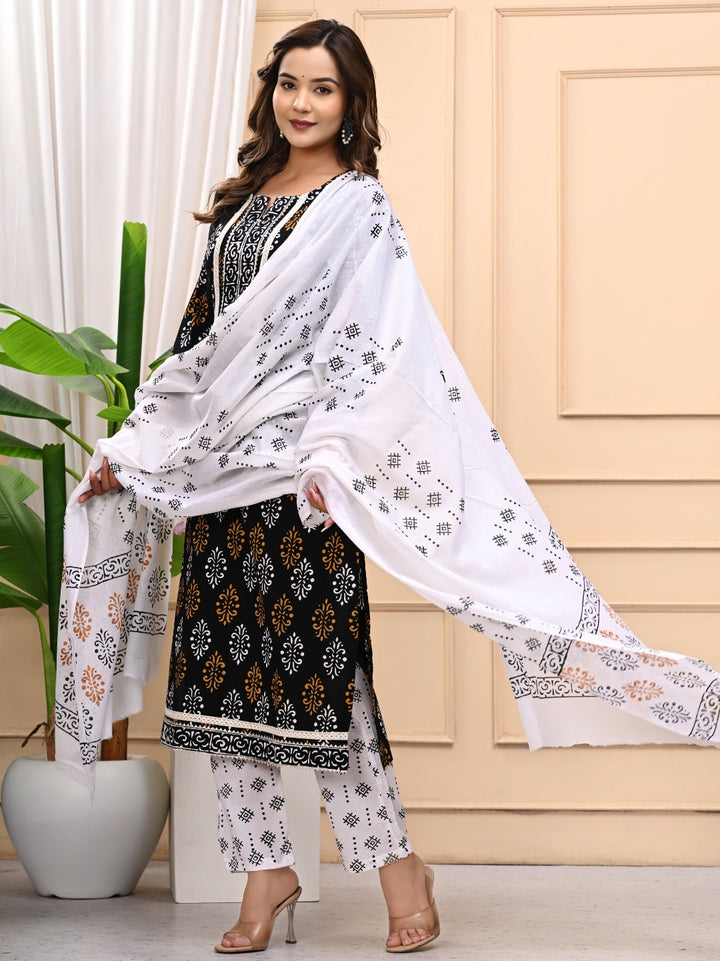 Black in White Handblock Printed Cotton Stitched Suit