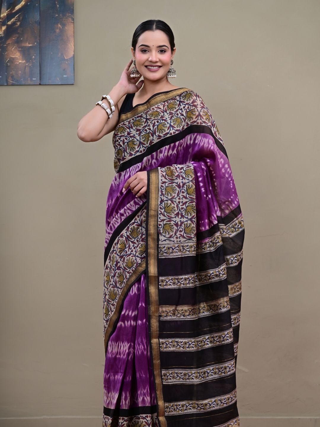 Exclusive Bagru Shibori HandBlock Pure Maheshwari Silk Saree