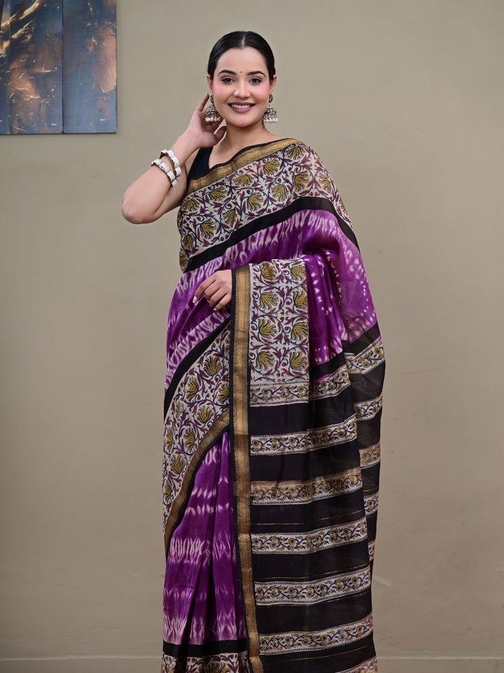 Exclusive Bagru Shibori HandBlock Pure Maheshwari Silk Saree
