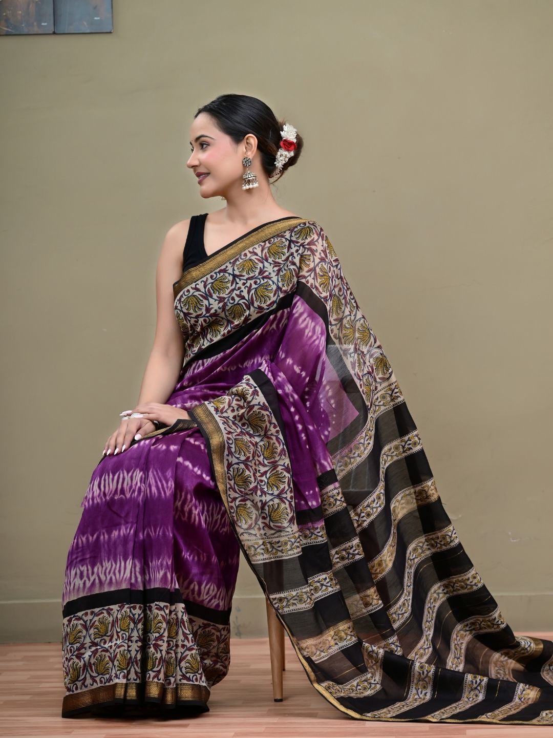 Exclusive Bagru Shibori HandBlock Pure Maheshwari Silk Saree