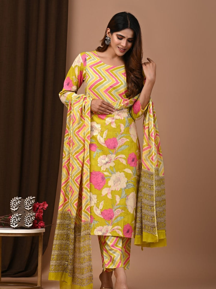 Blooming Grace Floral Design Cotton Stitched Suit Set