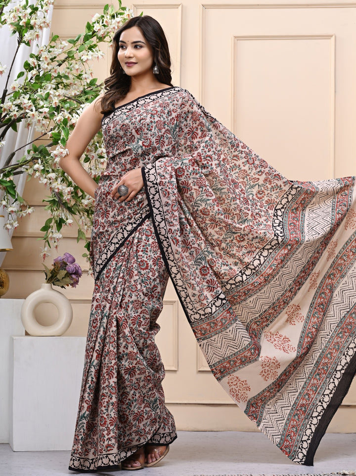 Bagru Kalamkari Handblock Printed Mulmul Cotton Saree