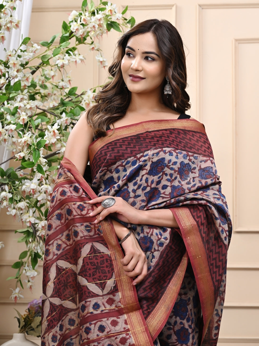 Artisanal Vanaspati Ajrakh Maheshwari Handblock Saree with Blouse