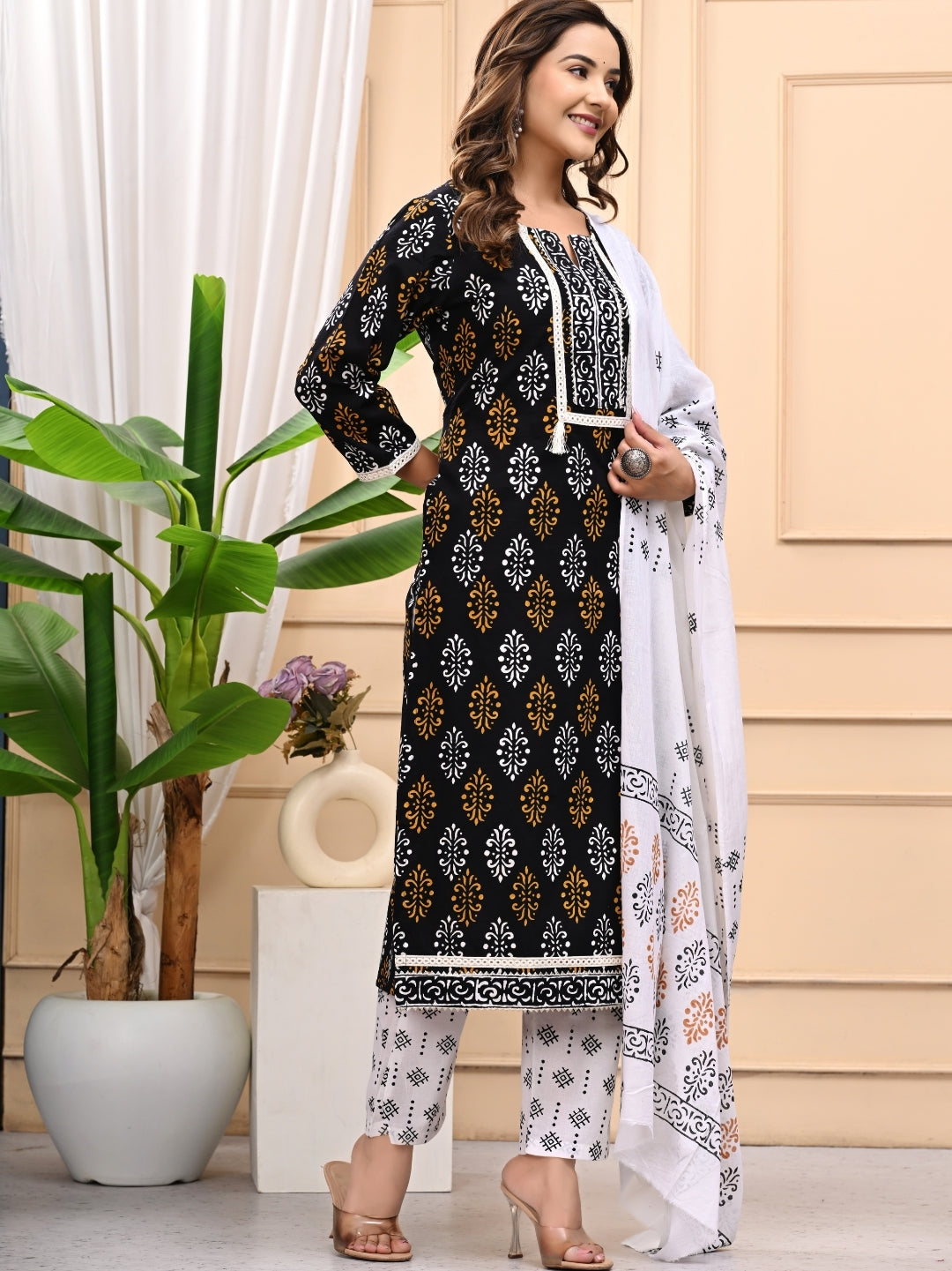 Black in White Handblock Printed Cotton Stitched Suit