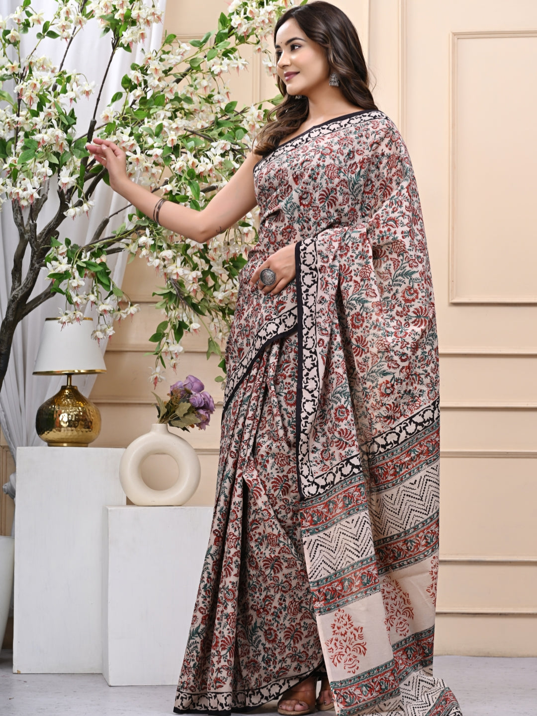 Bagru Kalamkari Handblock Printed Mulmul Cotton Saree