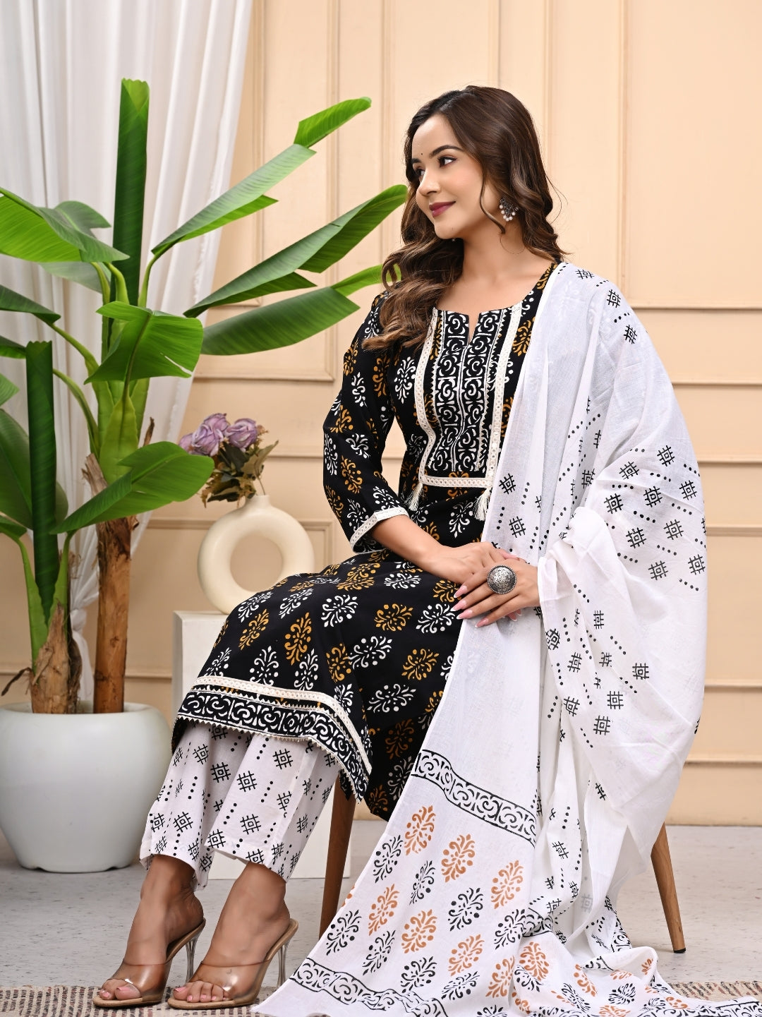 Black in White Handblock Printed Cotton Stitched Suit