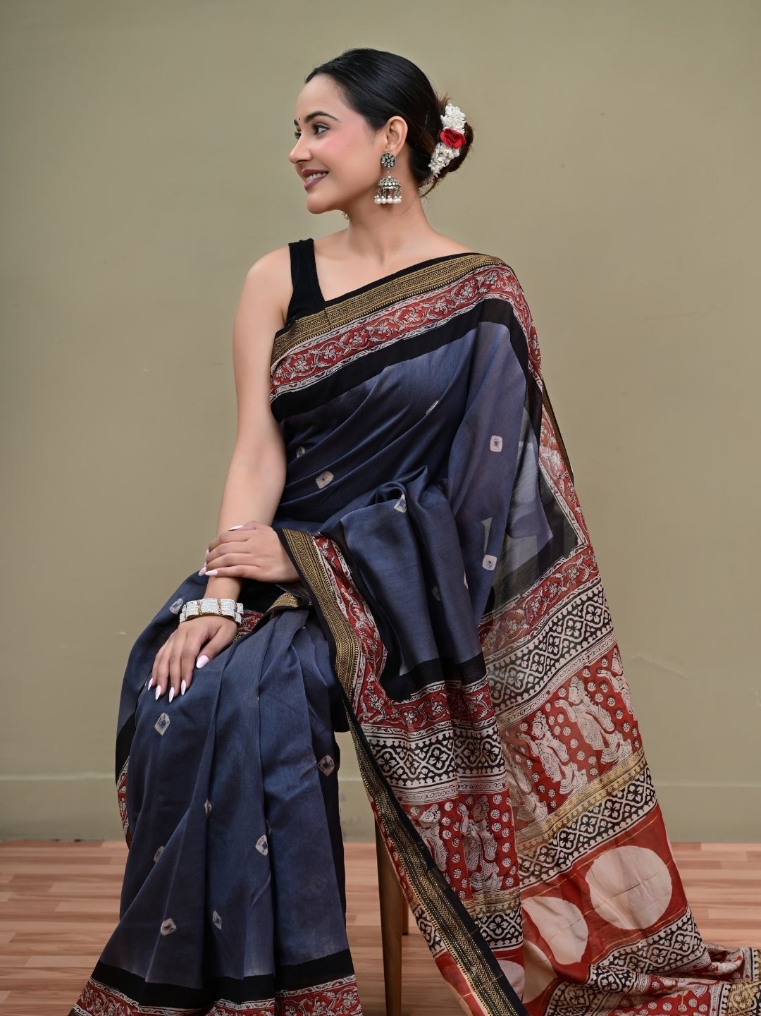 Bagru print With Bandhej pattern HandBlock Pure Maheshwari Silk Saree