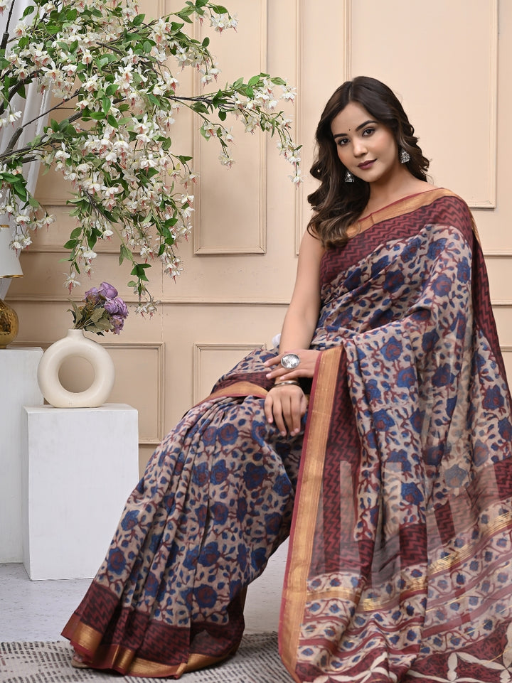 Artisanal Vanaspati Ajrakh Maheshwari Handblock Saree with Blouse