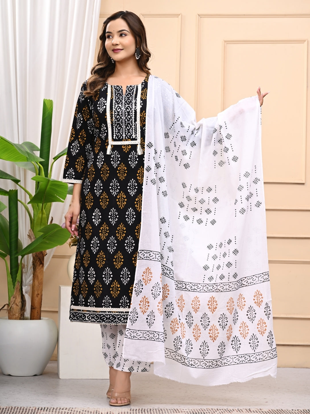 Black in White Handblock Printed Cotton Stitched Suit