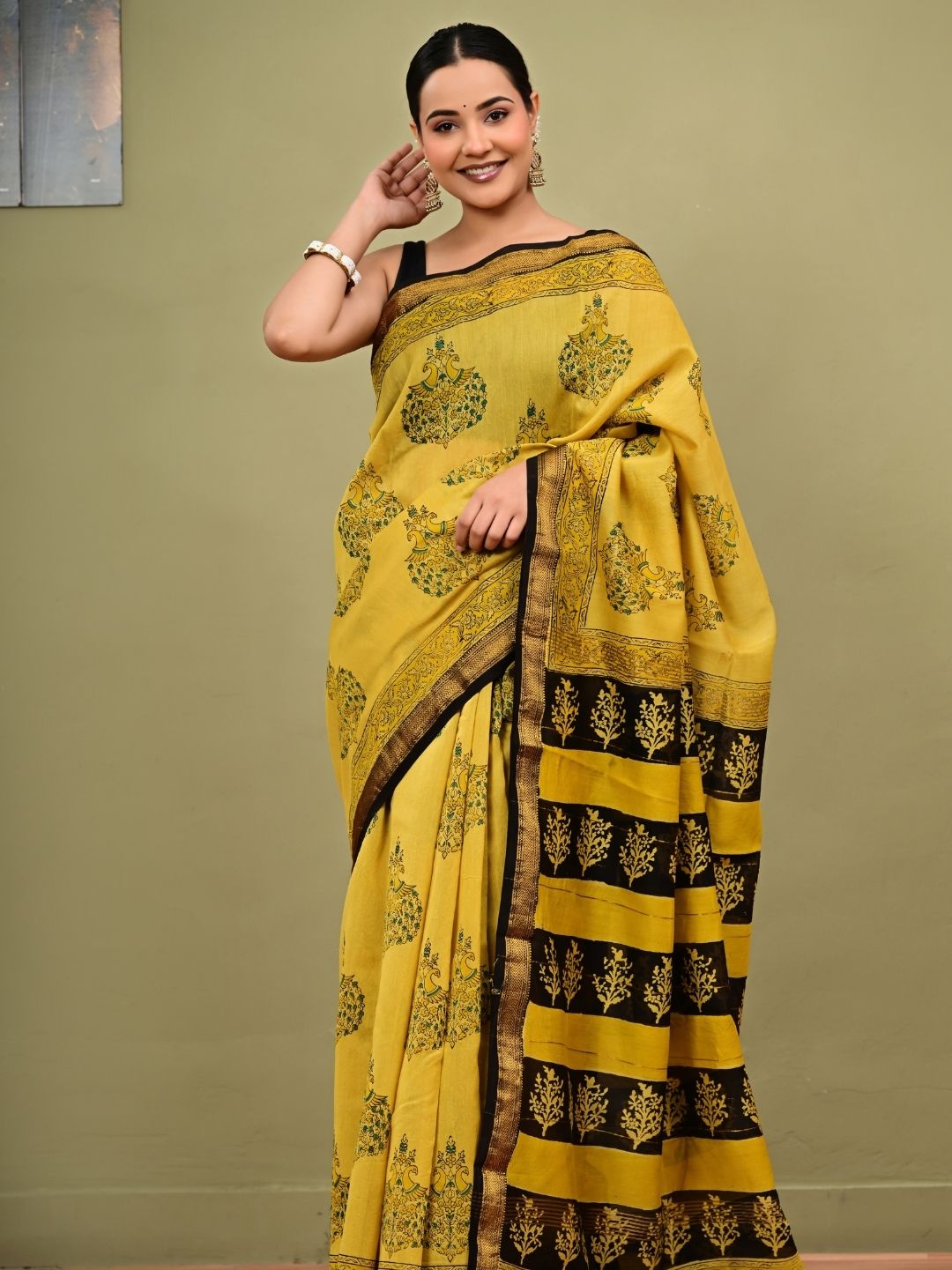 Premium Yellow Bagh Print HandBlock Pure Maheshwari Silk Saree