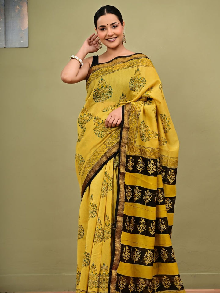 Premium Yellow Bagh Print HandBlock Pure Maheshwari Silk Saree