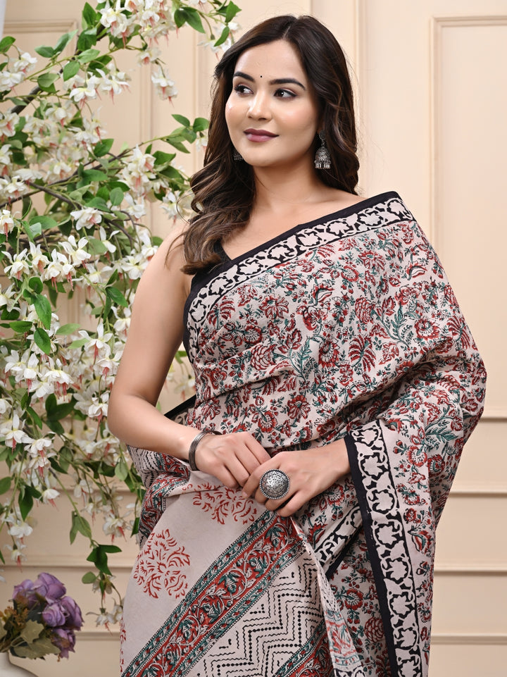 Bagru Kalamkari Handblock Printed Mulmul Cotton Saree