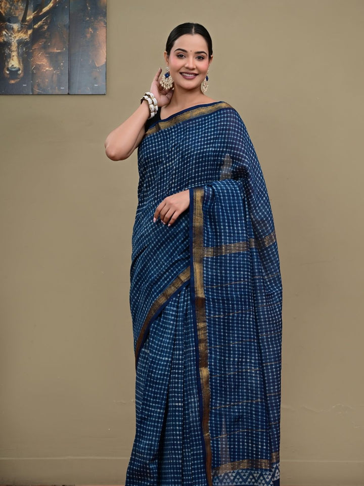 Indigo Check Box Design HandBlock Pure Maheshwari Silk Saree
