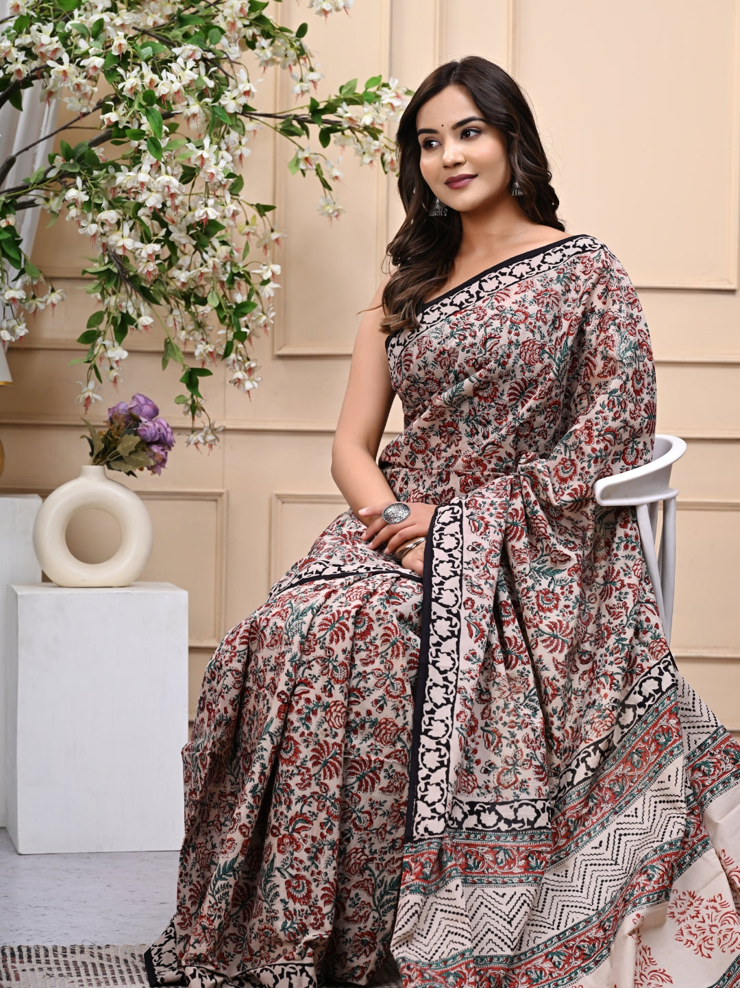 Bagru Kalamkari Handblock Printed Mulmul Cotton Saree