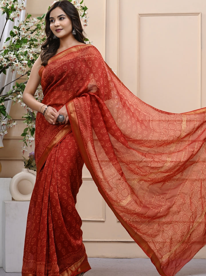 Curated Handblock Printed Maheshwari Silk Saree with Blouse