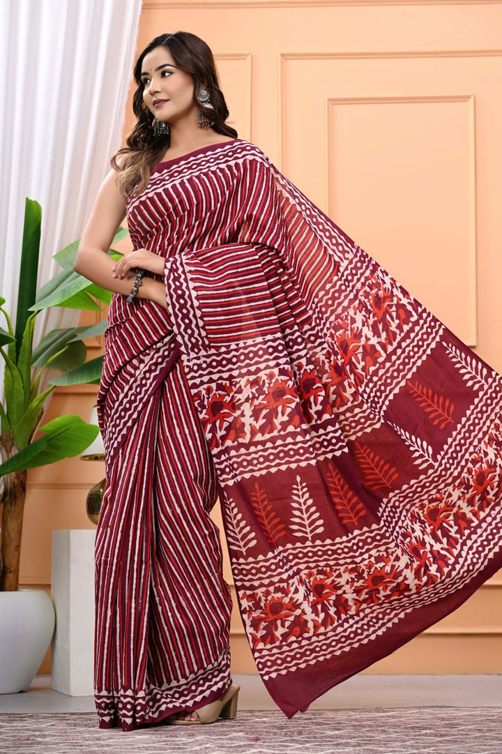 Lines Design Hand Block Printed Mulmul Cotton Saree