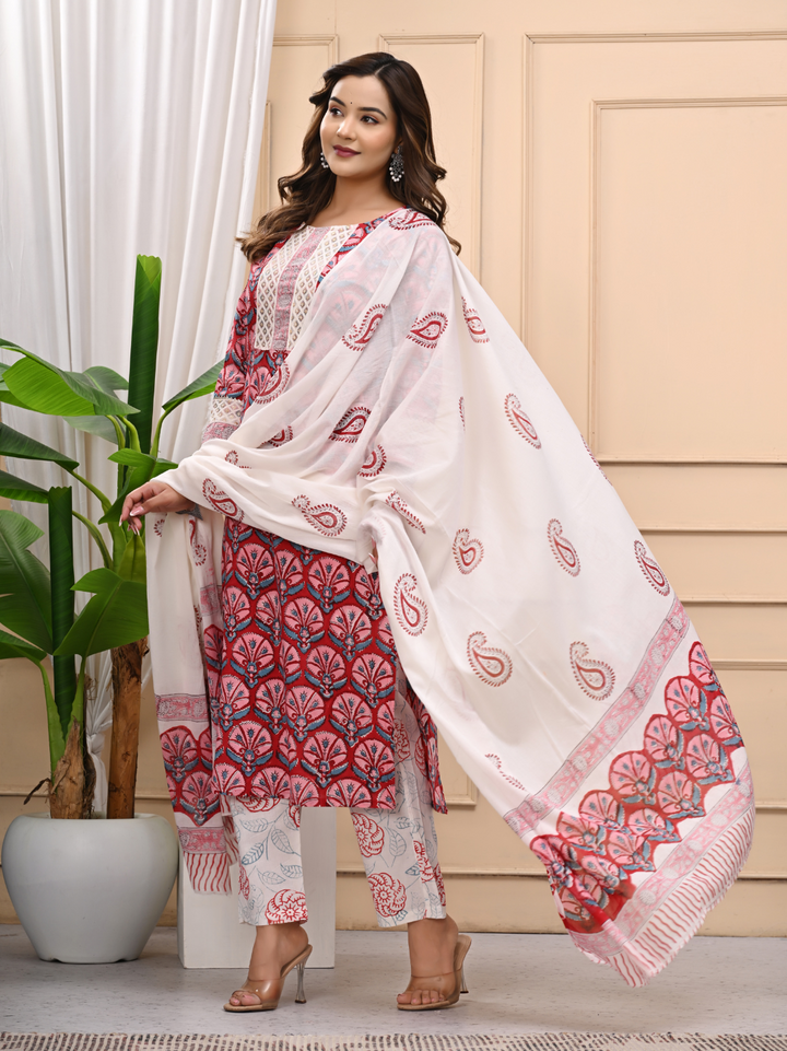 Red Bagru Print Cotton Stitched Suit with Mulmul Dupatta