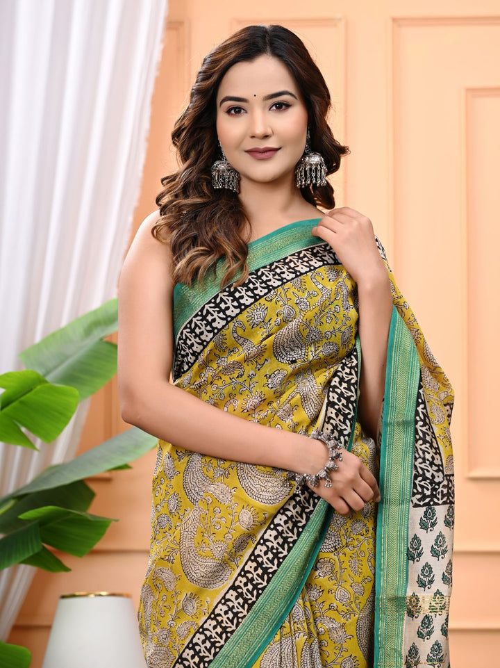 Yellow Green Bagru Block Printed Maheshwari Silk Saree