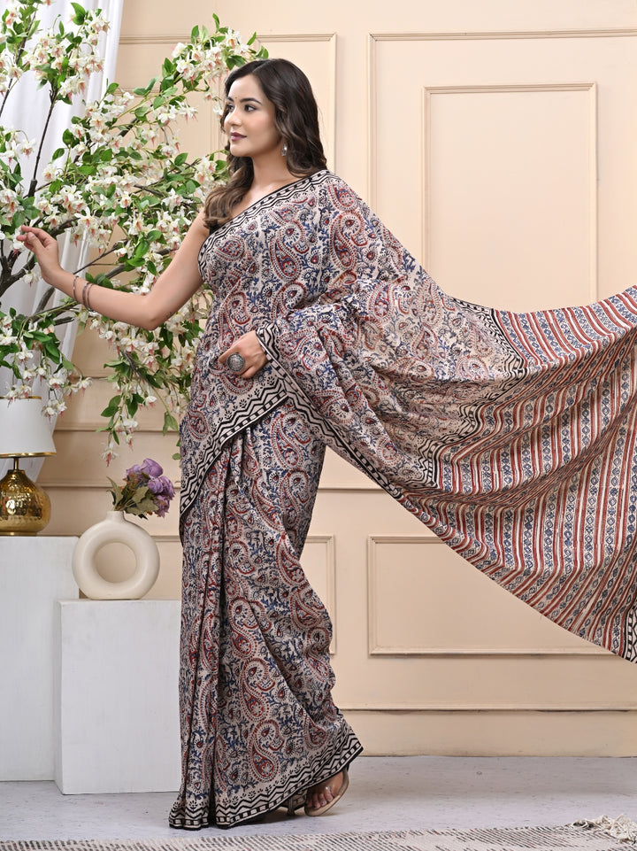 Bagru Kalamkari Handblock Printed Mulmul Cotton Saree