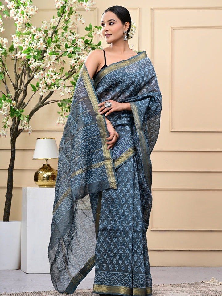 Traditional Wooden Block Printed Maheshwari Silk Sarees With Blouse