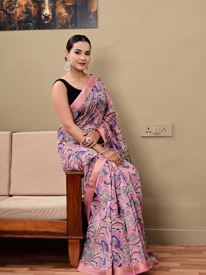 Traditional Pink Jaal Maheshwari Silk Saree