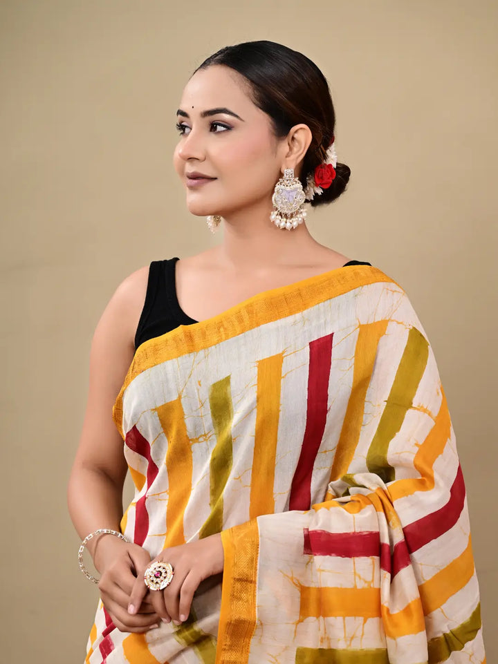 Yellow Batik Maheswari Silk Saree