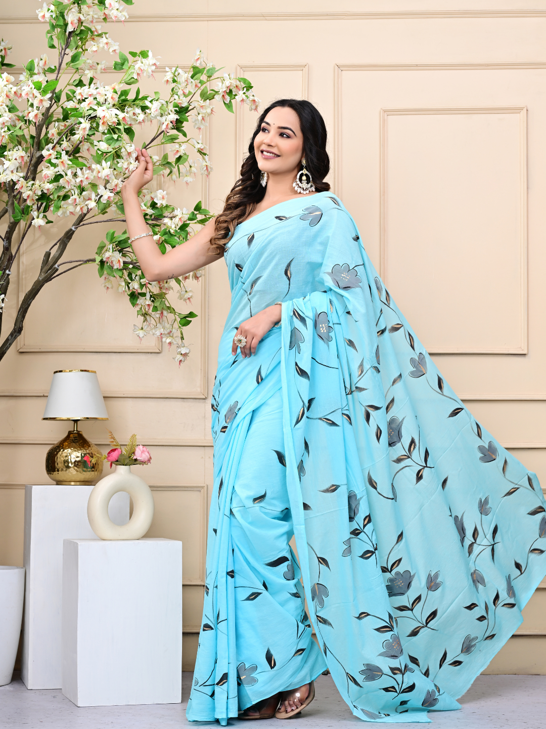 Sky Blue Hand-Brush Print Mulmul Cotton Saree