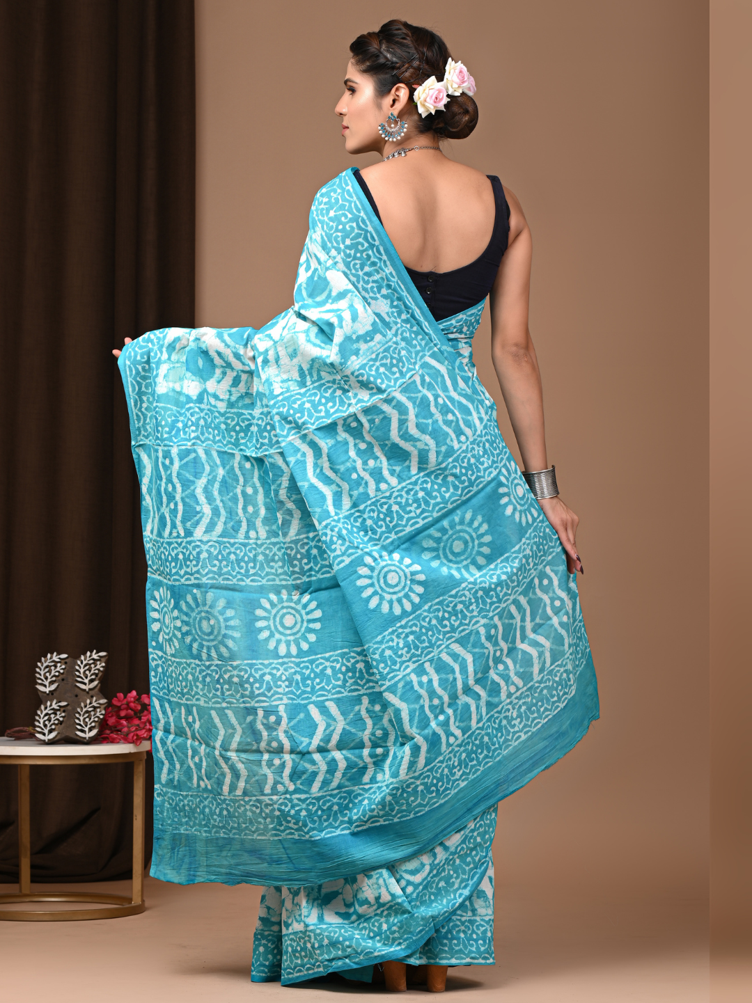 Dabu Handblock Printed C Green Dyed Mulmul Cotton Saree