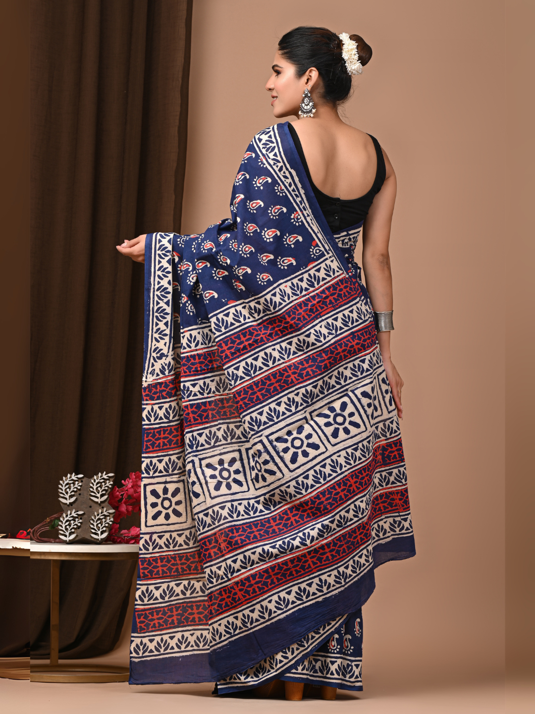 Navy Blue Handblock Printed Mulmul Cotton Saree