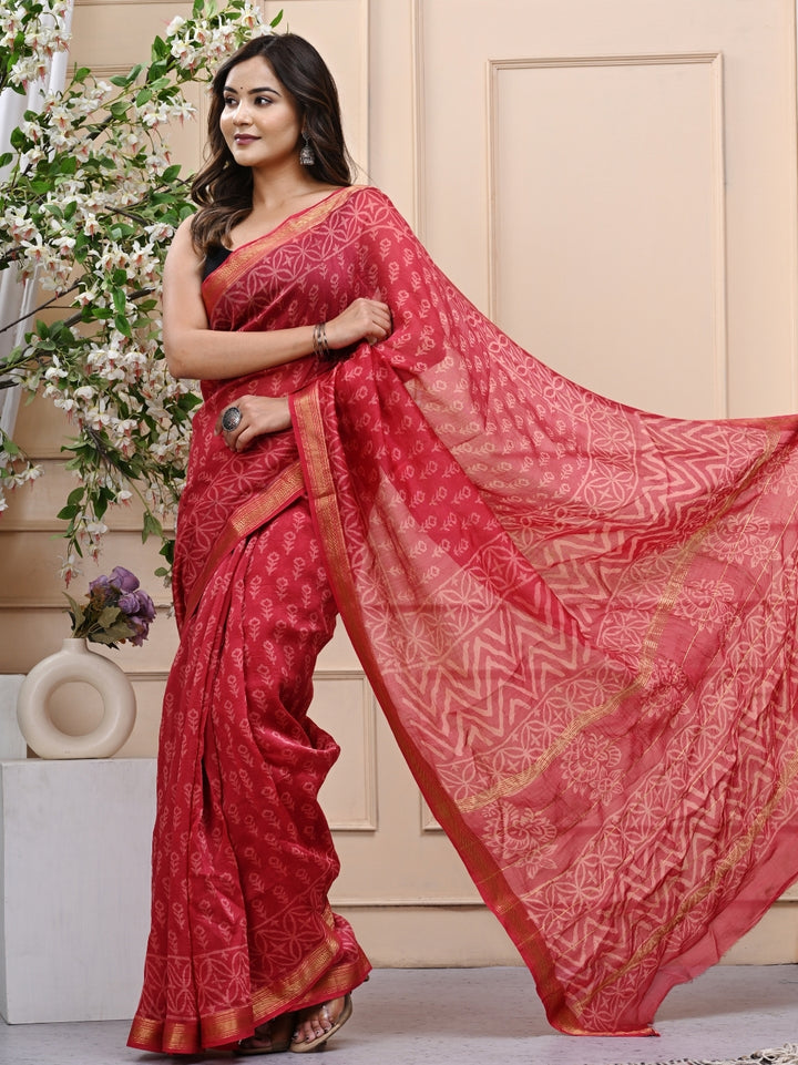 Reddish Pink Handblock Printed Maheshwari Silk Saree with Blouse