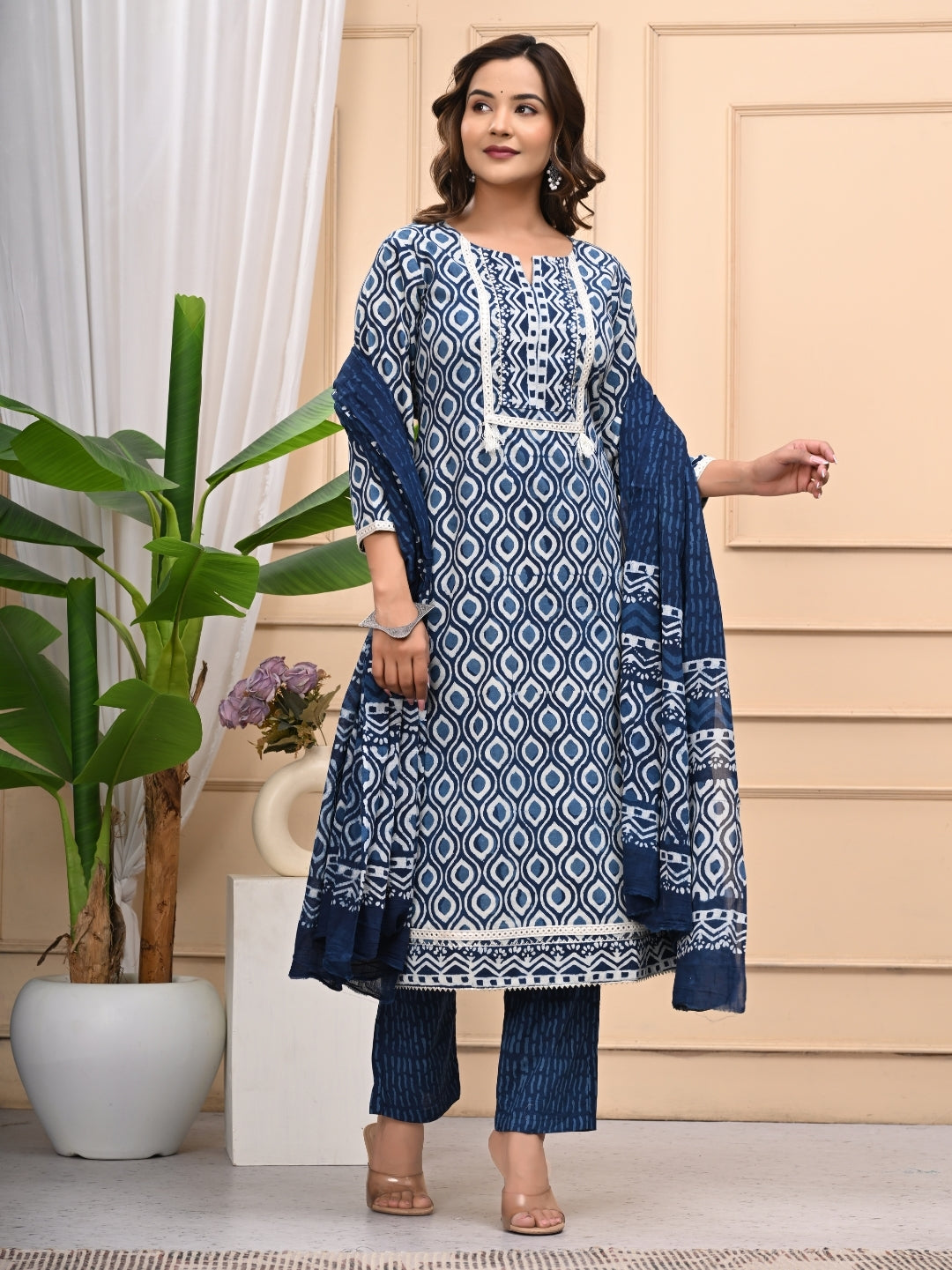 Indigo Bagru Handblock Printed Cotton Suit With Mulmul Dupatta