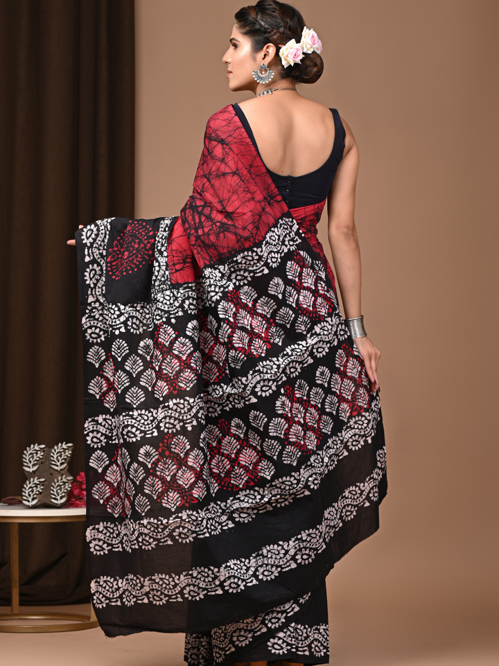 Red & Black Batik Print Mulmul Cotton Saree – Handblock Bagru Print