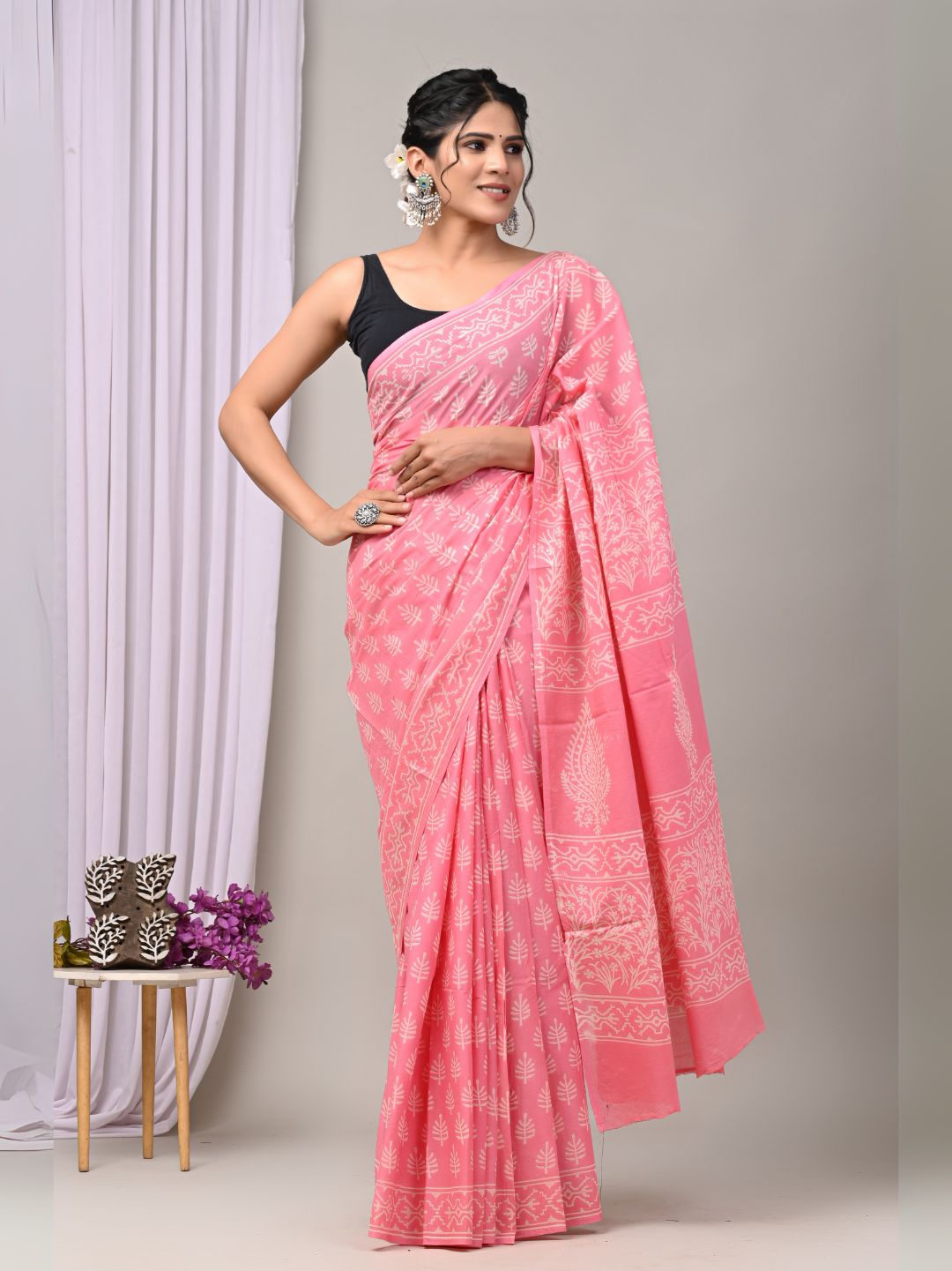 Baby Pink Bagru Handblock Printed Mulmul Cotton Saree