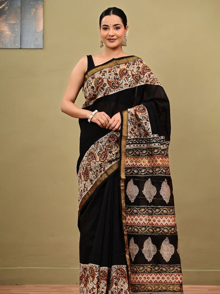 Traditional Bagru HandBlock With Black Putai Pure Kota Doriya Saree