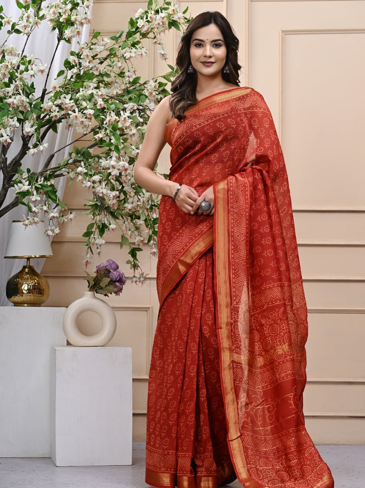 Curated Handblock Printed Maheshwari Silk Saree with Blouse