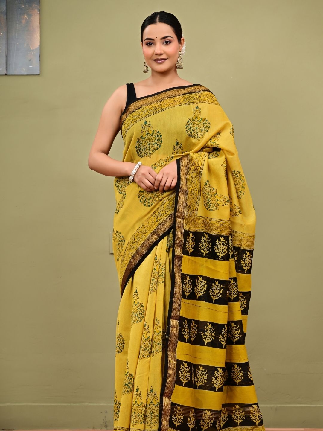 Premium Yellow Bagh Print HandBlock Pure Maheshwari Silk Saree